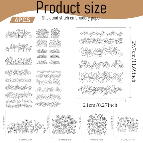 Flower Water Soluble Embroidery Patterns, 4 Sheets Stick and Stitch Embroidery Paper, Long Rattan Floral Tear Away Patterns Transfer Paper Customized Gifts for Hand Sewing Lovers Beginners - size: Flower Border