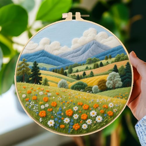BEUNITONE 4 Set Fairy Tale Landscape Embroidery Kit for Beginners 7.9"x7.9" Pre-Stamped Pattern Needlepoint Kits with Hoop, Tools & Instruction, Handamde Embroidery Kits for Fabric and Home Decor - style: C-Natural Scenery