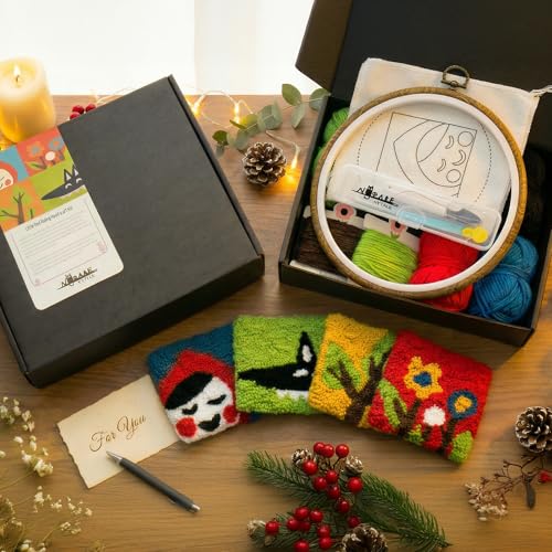 Nytale Punch Needle Kit for Beginners - DIY Coaster Rug Hooking Set (Little Red Riding Hood). Includes Non-Slip Rubber Hoop, Yarn, Tools & Video Guide. Fun Craft Gift Box (Set of 4) - color: Little Red, style: Modern