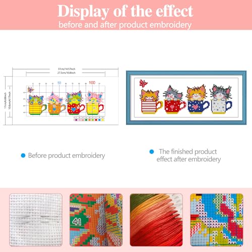 Zhenqing Teacup Cats Stamped Cross Stitch Kit - 11CT 17x37cm 4 Cats in Cups Design, Pre-Printed Colorful Pattern for Beginners (66963) - color: Teacup Cats