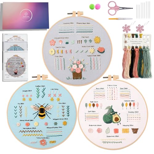 Jyphorixal Embroidery Kit for Beginners Adults Cross Stitch Starter Kit Needle Point Supplies 33 Basic Stitches in 3 Set, DIY Craft Lover Starter Hand Stitch (Flower) - color: Flower