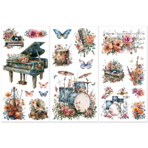 Peacoblue Music & Flowers Rub On Transfers for Furniture 6"x12" - style: Musical Instruments and Flowers