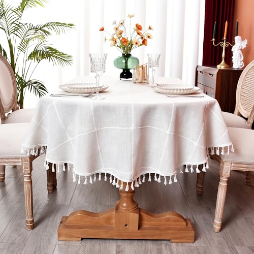 Plaid Farmhouse Oval Tablecloth 54 x 72 Inch, Checkered Cotton Linen Heavy Weight Table Covers Cloths for Kitchen Dining Room Party Oval Tables - color: Off-white, size: 72" x 54" (Oval)