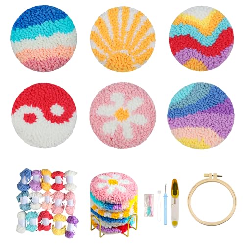AIRDEA Punch Needle Drink Coasters Kit,Casual Punch Needle Embroidery Complete Kits for Beginner 3.29x3.29 Inches,Included All Accessories,DIY Car Coasters (Pink) - color: pink