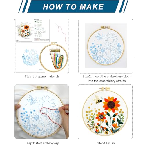 Zhenqing Bees & Flowers Embroidery Kit 11.4x11.4cm - 4-Piece Complete Cross Stitch Set with Pre-Printed Fabric, Threads, Hoop, Needles & Instructions | DIY Craft for Adults, Beginners-Friendly (C0046) - color: C0046