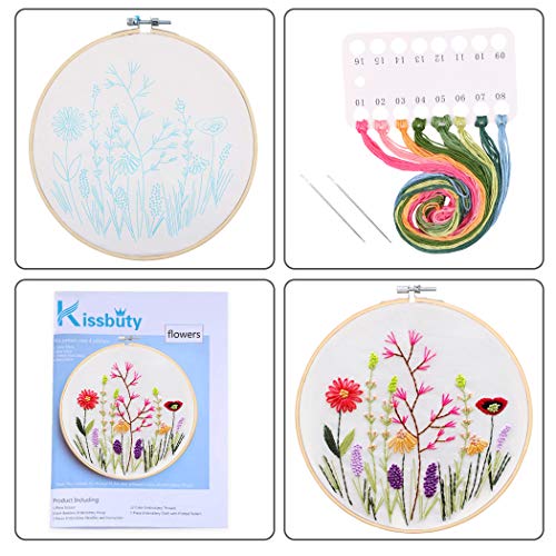 KISSBUTY Full Range of Embroidery Starter Kit with Pattern, Cross Stitch Kit Including Embroidery Fabric with Floral Pattern, Bamboo Embroidery Hoop, Color Threads and Tools Kit (Flower Grass)