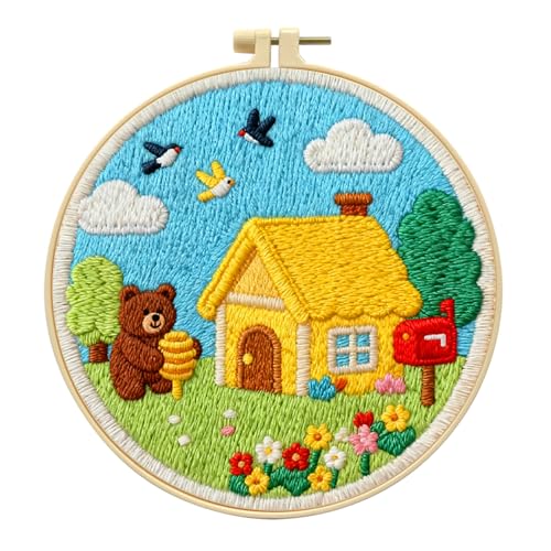Zhenqing Spring Cottage Embroidery Kit for Beginners, Bear and Honey Craft Set with 20cm Hoop, Printed Design on 29x29cm Cotton Fabric, DIY Cheerful Wall Art (C0160) - color: Spring Cottage