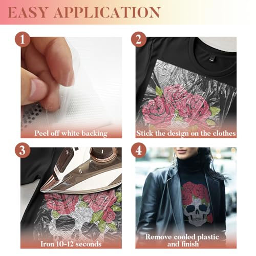 1 Pc Rose Skull Rhinestone Iron on Hotfix Transfer Decal, Bling DIY Patch Clothing Repair Applique T-Shirt Vest Shoes Hat Jacket Decor Clothing DIY Accessories - style: Rose Skull