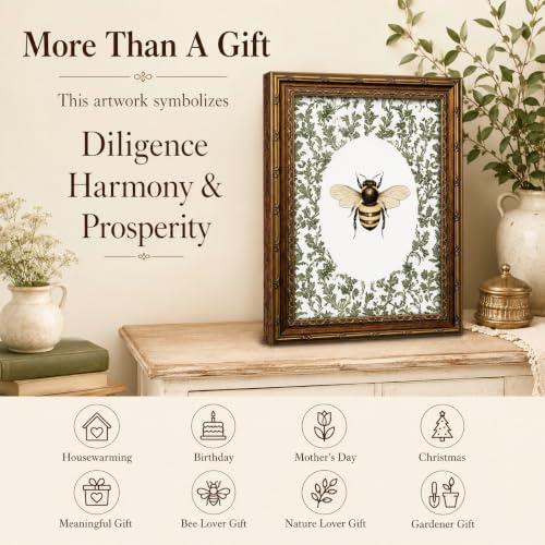Vintage Gold Frame Bee Wall Art, Rustic Canvas Painting Print for Bathroom Bedroom Decor, Aesthetic Botanical Bee Painting Pictures for Living Room Home Office, Nature Farmhouse Artwork 9x11 Inch - color: bee, size: 11"L x 9"W