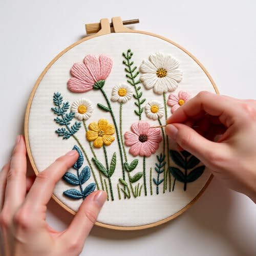 Embroidery Kit for Beginners & Adults Starter Kit, Cross Stitch Kits,DIY Hand Embroidery Needlepoint Set with Hoop, Pre-Printed Fabric, Threads and Instructions (Flower) - color: Flower