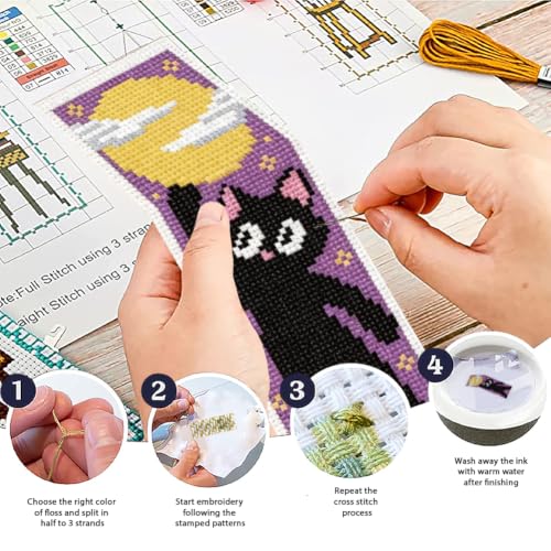 ACRNIGHEET 6PCS Cross Stitch Bookmark Kit for Beginner Stamped Cross Stitch Kits for Adults Cute Cat & Moon DIY Tassel Embroidery Bookmark Kits Needlepoint Kit with Instructions Gift 8.5''x3'' 11CT - style: Moon Cat with Tassel