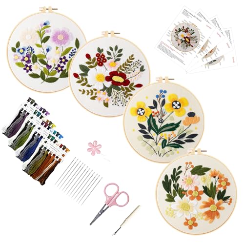 PALUJEF Floral Embroidery Kits for Beginners, Cross Stitch Kits for Adults, Easy Needlepoint Kits with Fun Floral Patterns, DIY Needlepoint Embroidery Starter Kit with Instructions, Mother’s Day Gift