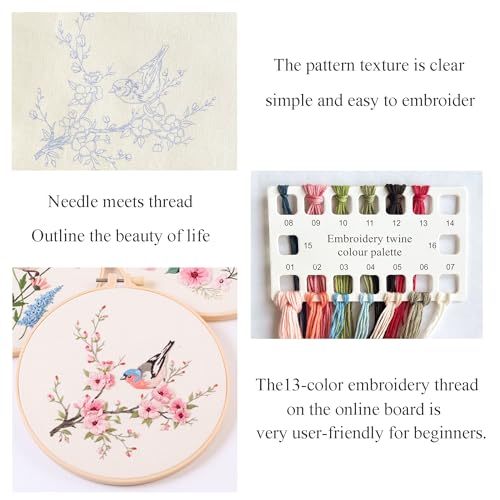 Silentsea Bird & Pink Blossoms Embroidery Kit – All-Inclusive DIY Cross Stitch Set with Pre-Printed Fabric, Threads, Needle, and Hoop for Adults – Perfect for Craft Lovers & Relaxation - color: Bird