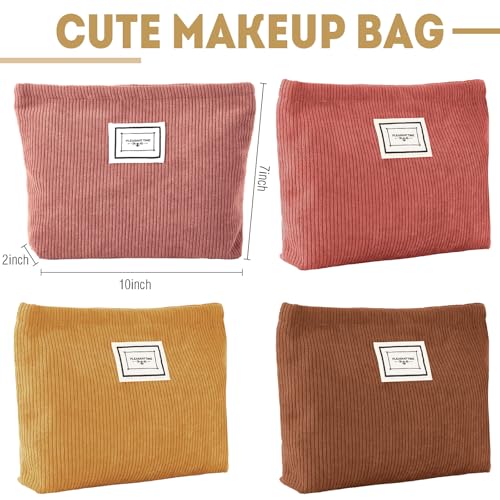 4 Pack Velvet Corduroy Makeup Bag Zipper Pouch,Yellow Brown Series,Plaid - color: Yellow Brown Series