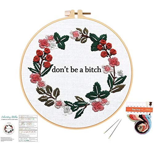 Louise Maelys Cross Stitch Kit Full Range DIY Floral Wreath with Funny Sayimg Embroidery Kit for Beginner - color: Floral-1