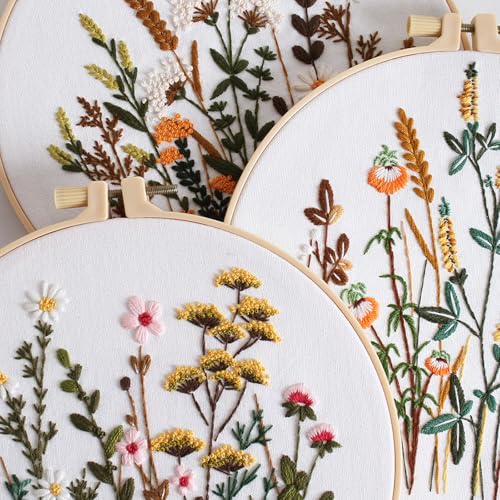 GLTAYLMY Flower Embroidery Kit for Beginners with Pattern and Instructions,3 Pack Cross Stitch Kits,1 Plastic Embroidery Hoops,Threads and Needles,Needlepoint Kit for Adults - color: Grass