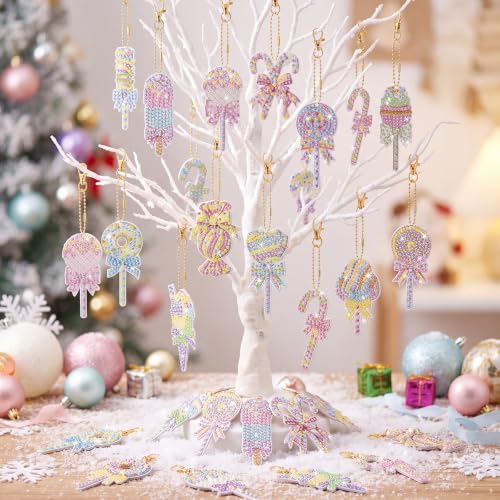 Tondiamo 20 Pcs Christmas Macaron Candy Diamond Painting Keychain Kits 5d DIY Diamond Art Pendants Double Sided Hanging Key Chains for Christmas Party Decoration DIY - style: Macaron Candies