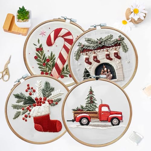LB Christmas Embroidery Kit for Adults, 4Pc Christmas Embroidery Kits for Beginners with Red Truck, DIY Hand Cross Stitch Kit Holiday Gifts Ornaments Decorations - color: Red