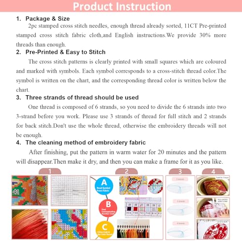 Zhenging Rainbow Cat Cross Stitch Kit for Beginners - 11CT Pre-Printed 30x40cm Fabric with Threads & Needle (No Tools)(67037)