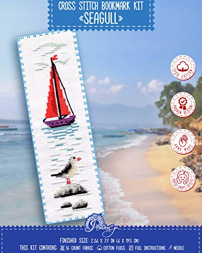 Povitrulya Seagull Cross Stitch Bookmark - Seaside Beach Embroidery Set with Paper Pattern, 16 Count Aida Cloth and Pre-Sorted Floss - color: Seagull