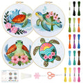 BEUNITONE 4 Sets Sea Turtle Embroidery Kits for Beginners DIY Craft Kits for Adults with Printed Patterns, Hoops and Instructions, Hibiscus Flower Needlepoint Kits for Clothing and Home Decor - style: A-Sea Turtle