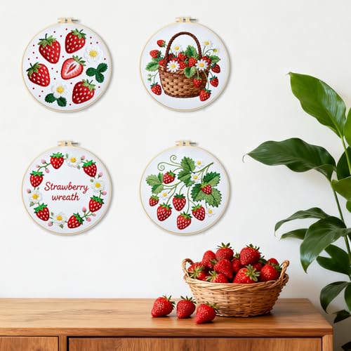 BEUNITONE 4 Set Strawberry Embroidery Kit for Adult Beginners 7.9"x7.9" DIY Stamped Needlepoint Kits with Pre-Printed Designs, Complete Handmade Embroidery Craft for Relaxing Hobby and Home Decor - style: B-Strawberry