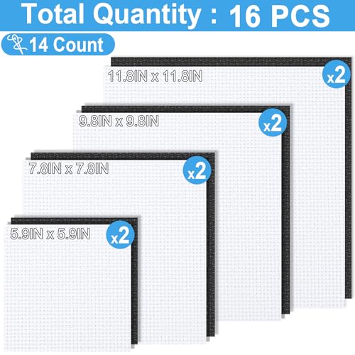 MYFAMIREA 16PCS Cross Stitch Fabric, 4 Sizes Aida Cloth 14 Count White and Black Craft Embroidery Cloth Classic Reserve Cross Stitch for Home DIY Needlework Embroidery Decoration, 5.9 to 11.8inch - color: White/Black, size: 14 CT 5.9-11.8In (16 PCS)
