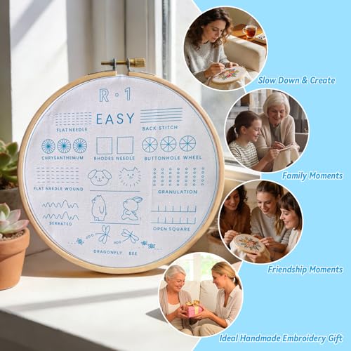 Emmanoth 5-Pack Beginner Embroidery Kit, Pre-Stamped Floral Patterns with Step-by-Step Embroidery Book HD Video, Adjustable Hoop, Colorfast Threads, 10 Needles & Tools, DIY Craft Gift for Adults Teens