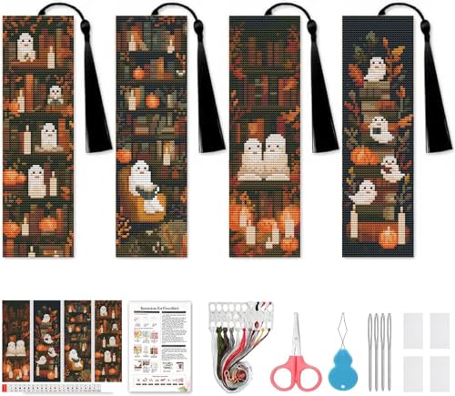 4 Pcs Fall Cross Stitch Bookmark Kit for Adult Beginners Cross Stitch Kits - color: Cross stitch bookmark-20
