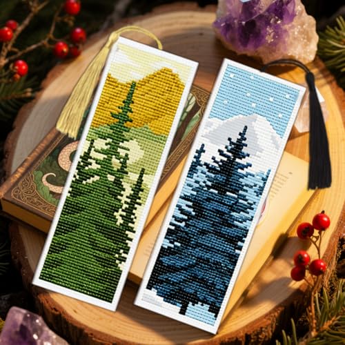 ACRNIGHEET 6PCS Cross Stitch Bookmark Kit for Beginner Pine Stamped Cross Stitch Kits Needlepoint Kit for Adults DIY Tassel Embroidery Bookmark Kits with Instructions Craft Gift 8.5"x3" 11CT - style: Pine Tree Patterns