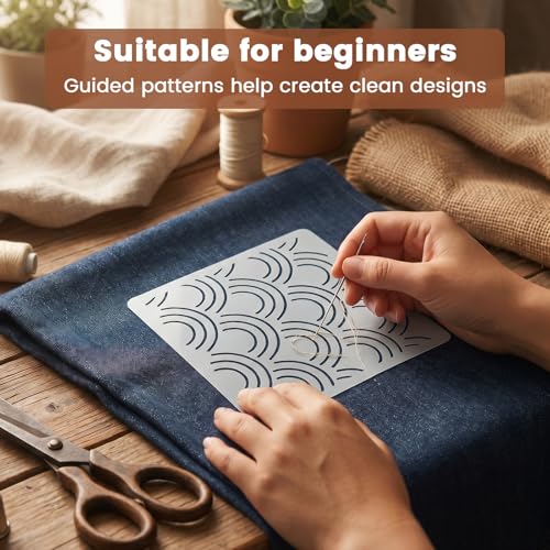 Qevylentte 45 Pcs Sashiko Stencil Kit for Embroidery, Japanese Embroidery Kit Include Geometric Template Thread Needles Thimble Fabric, Hand Quilting Sewing Supplies for Beginners