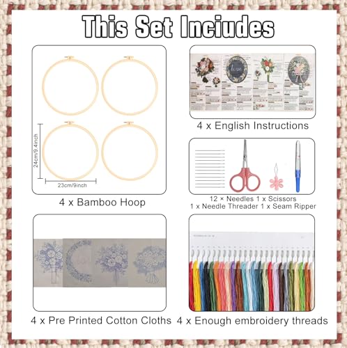 CanVrinxol 4 Sets Christmas Embroidery Kits for Adults Beginners, Cross Stitch Kits with Patterns, Hoops, Threads, Needles & Tools, DIY Craft Gift Ideas (Flower) - style: Flower