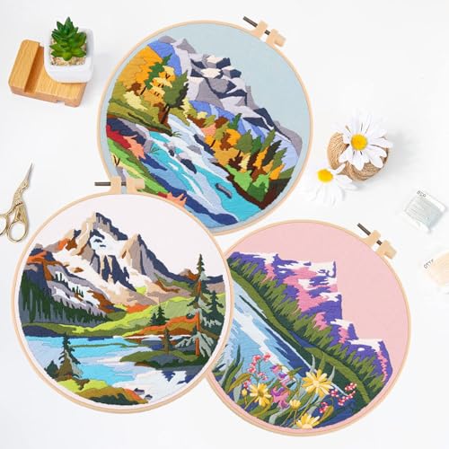 EOBTAIN 3 Sets Embroidery Kit for Beginners Adults Mountain Scene Hand Stamped Embroidery Practice Kits Cross Stitch Set with Embroidery Hoop,Needles and Threads,DIY Gifts at Home Embroidery Kit - color: Mountain