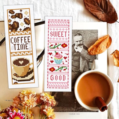 BEUNITONE 6 Pcs Cross Stitch Bookmark Kit for Beginner Coffee and Sweet Time Theme Hand Embroidery Kit with Instruction Tea Stamped Embroidery Bookmarks Handmade for DIY Crafts Book Lovers 8.5''x3'' - style: Afternoon Tea