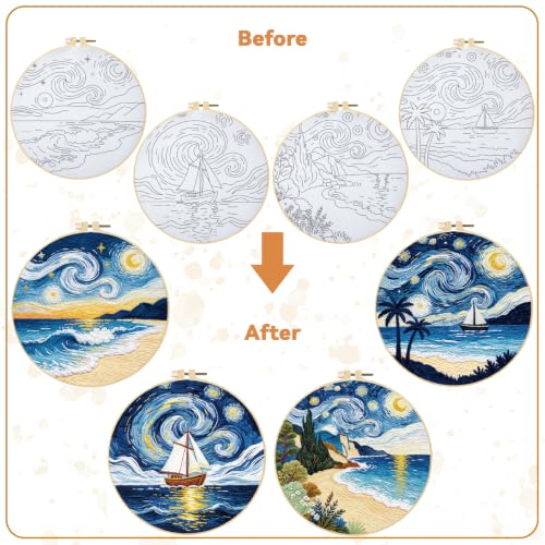 BEUNITONE 4pcs Embroidery Kit, Starry Sky & Beach Stamped Embroidery Kits with Hoop, Thread & Needles, Cross Stitch Kits Sewing Gifts for Adults and Beginners, DIY Craft for Relaxation - style: C-Starry Sky Scenery