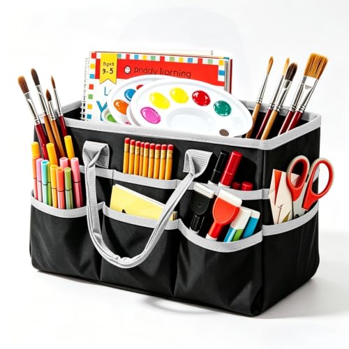 Craft Organizer Tote Bag, Art Supply Storage Bag for Art Supplies - color: Black & Gray (6.5"D x 13"W x 8.5"H)