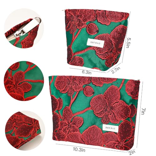 Elegant Red Floral Jacquard Cosmetic Bag Travel Makeup Pouch Organizer - color: Elegant Red Flower