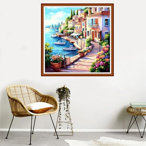 Redxing Counted Cross Stitch Kit for Beginners,Unprinted Needlepoint Kits for Beginners Cross Stitching Embroidery Kit 11CT Stitches kit-Seaside House Scenery 18x18 inch - color: SetColor26