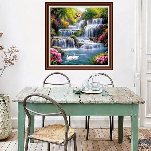 Dimxvean Counted Cross Stitch Kits for Adults,11CT Unprinted Cross-Stitch Pattern Embroidery Kit Cross Stitching Kit Supplies Needleworks Set- Waterfall Swan 18x18 inchs - color: SetColor07