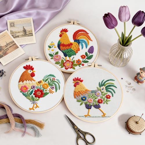 Uniartfy 3 Pack Funny Rooster and Flower Embroidery Kits for Beginners, Animal Cross Stitch Kit for Adults, DIY Needlepoint with Stamped Pattern, Embroidery Hoop, Tools, Colorful Threads, Instructions - color: Embroidery Kit-M