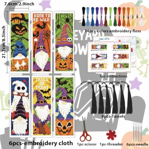 ACRNIGHEET 6PCS Cross Stitch Bookmark Kit (Halloween Dwarf Pattern) - style: Halloween Dwarf Patterns