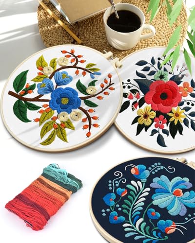 TINDTOP 3 Sets Embroidery Kit for Adults, Floral Embroidery Practice Kit - color: Floral 3 Sets