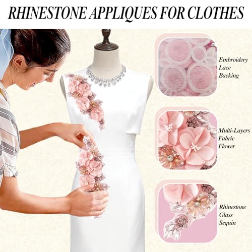 Handmade 3D Flower Embroidery Applique Rhinestone Lace Patches, Pink, 1 PC - color: Pink