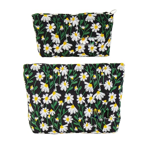 getgto 2 Pcs Makeup Bags, Large Cosmetic Bag Travel Toiletry Bag - color: Black Green Daisy