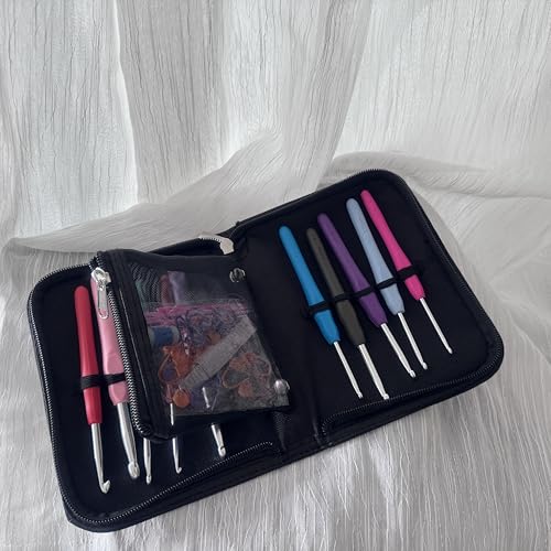 Athena's Elements 100% Accurate USA Standard Sizing - Perfect Crochet Hooks Case, Set with Removable Pocket, Complete Knitting Accessories (Black) - color: Black