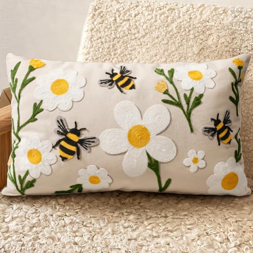 Embroidered Lumbar Pillow Cover 20x12 Inch, Flower Bee - color: Flower Bee, size: 20" x 12" (Pack of 1)