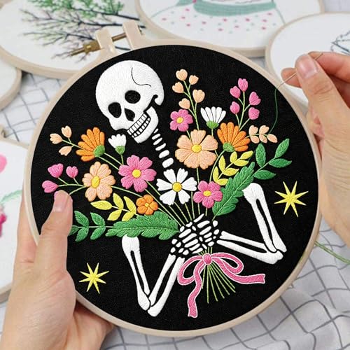 Louise Maelys Halloween Skeleton Flower Embroidery Kit for Beginners Adults - color: Skeleton2