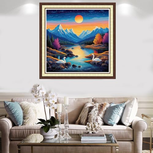 Findvoor Counted Cross Stitch Kits for Adults Full Range of Cross Stitching Embroidery Unprinted Pattern for Beginners, 11CT Needlepoint Kit Patterns Embroidery Kits-Moonlight Swan 18x18 inch - color: ColorCraft21