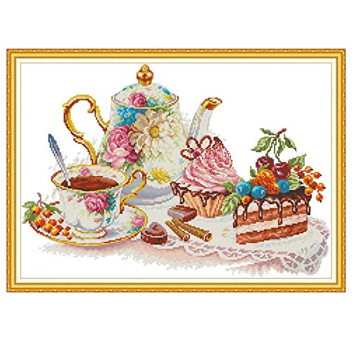 Cross Stitch Kits Stamped Full Range of Embroidery Starter Kits for Beginners DIY 14CT Easy Patterns Embroidery for Girls Crafts-Afternoon Tea 18.9x13.8 (inch) - color: Afternoon tea, 18.9x13.8 inch