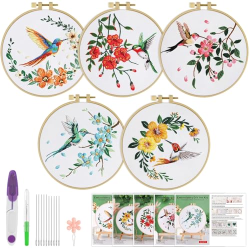 ERKOON 5 Sets Embroidery Kit for Beginners Adult Hummingbird Cross Stitch - color: Hummingbird